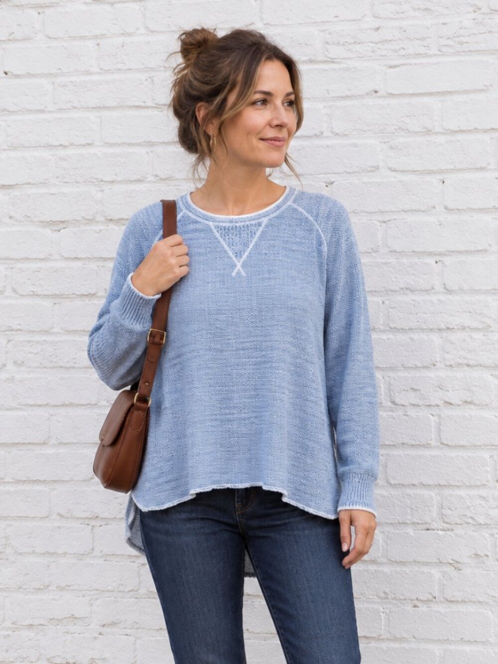 Blue 100%Cotton Knit Top High Low Hem Size L Made in Canada